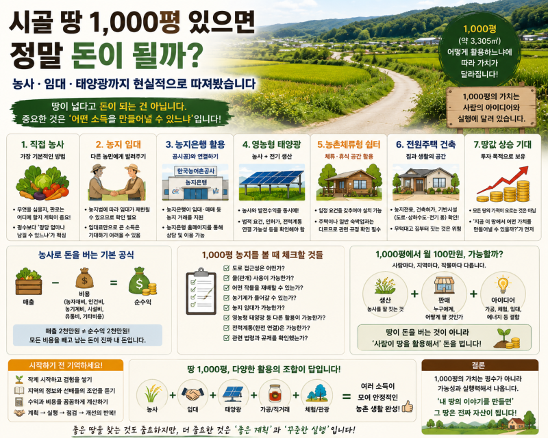 시골 땅 1,000평 있으면 정말 돈이 될까? 농사·임대·태양광까지 현실적으로 따져봤습니다