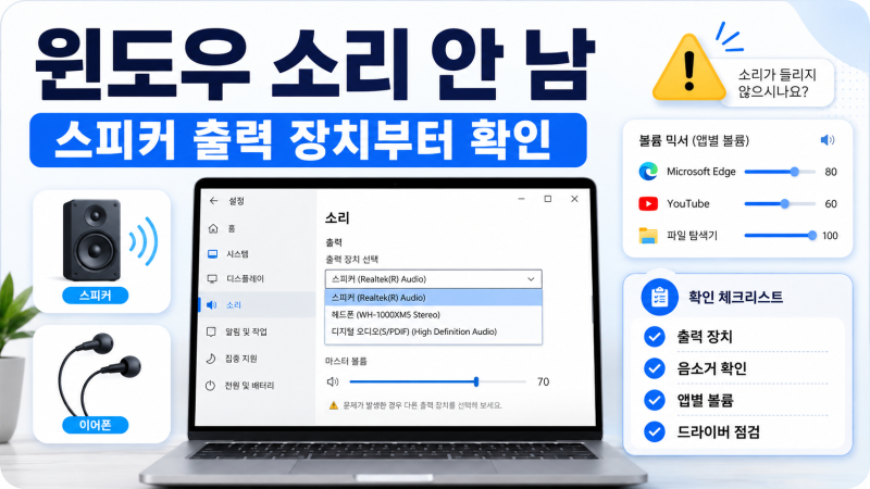 윈도우 소리 안 남 해결, 스피커 출력 장치 확인부터