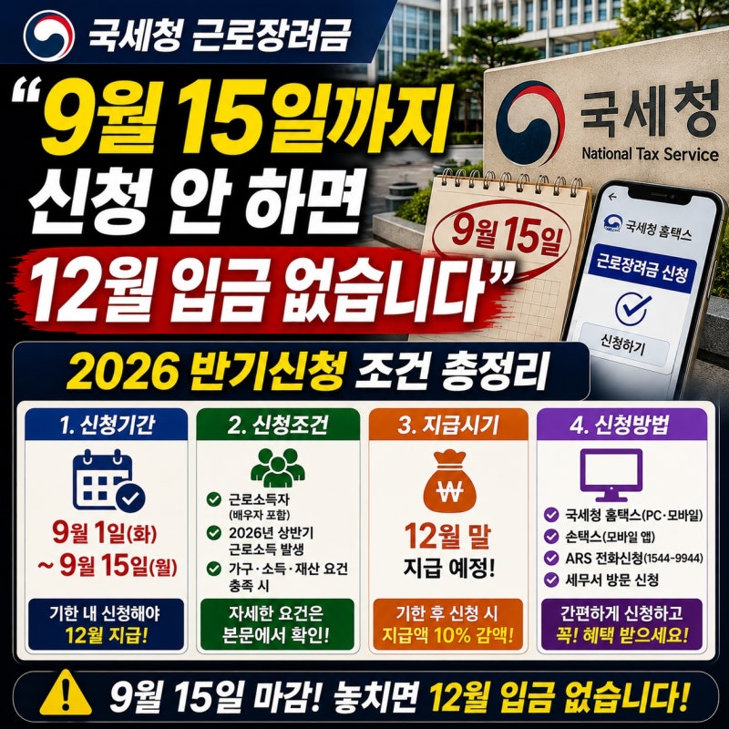 국세청 근로장려금 "9월 15일까지 신청 안 하면 12월 입금 없습니다" 2026 반기신청 조건 총정리