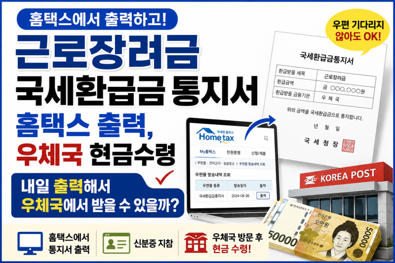 근로장려금 국세환급금 통지서 홈택스 출력, 우체국 현금수령 가능할까?