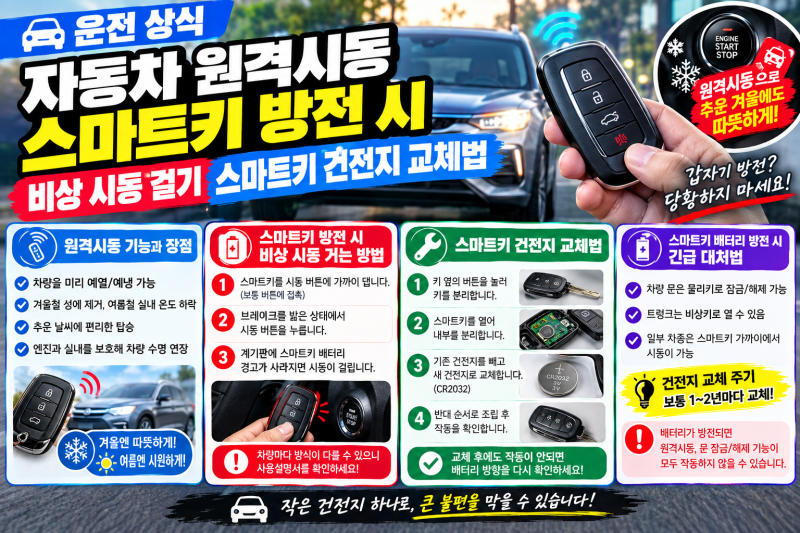 [운전 상식] 자동차 원격시동 스마트키 방전 시 비상 시동 걸기 스마트키 건전지 교체법