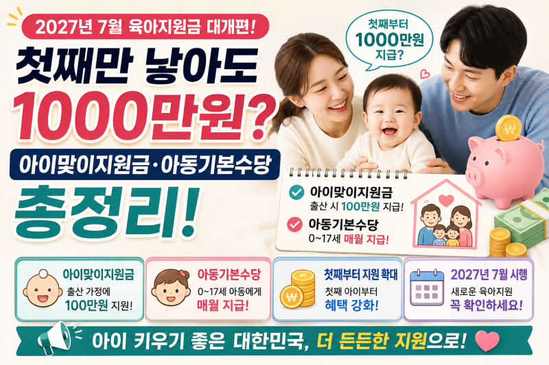 2027년 7월 육아지원금 대개편, 첫째만 낳아도 1000만원? 아이맞이지원금·아동기본수당 총정리