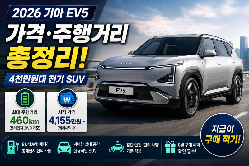 2026 기아 EV5 가격·주행거리 총정리, 4천만원대 전기 SUV