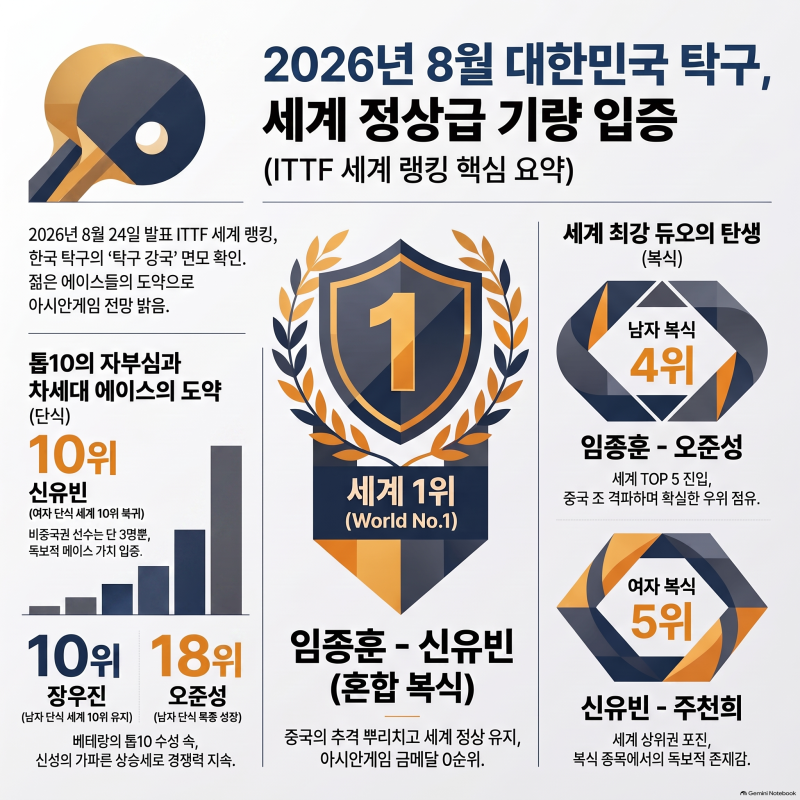 [성북탁구] 2026년 8월24일 탁구 세계랭킹 총정리-신유빈 TOP 10 복귀·임종훈-신유빈 혼복 세계 ....