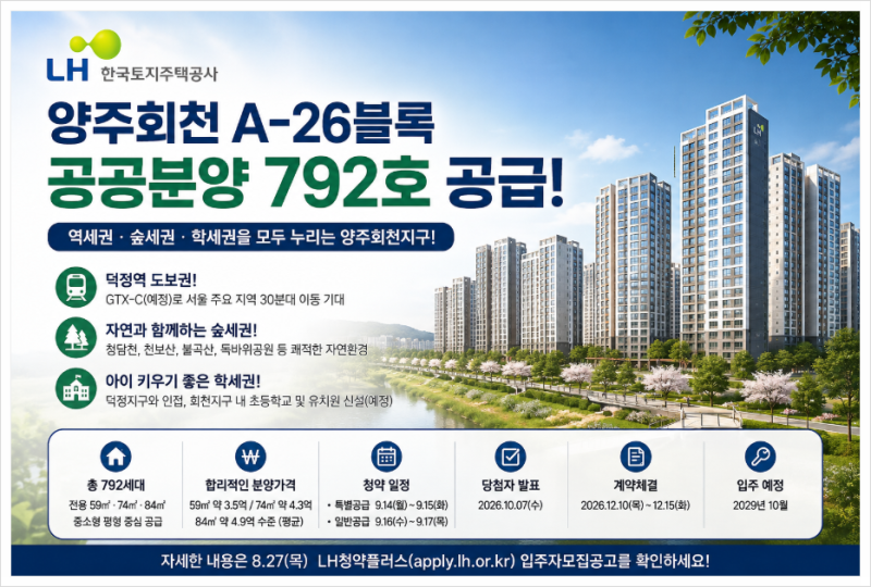 LH 양주회천 A-26블록 공공분양 792세대! 분양가·청약일정·자격조건 총정리...