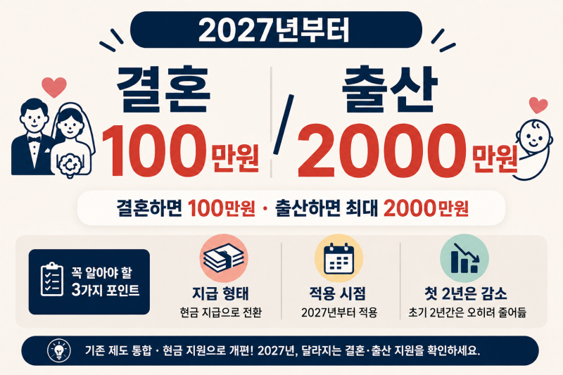 2027 결혼지원금 100만원, 출산은 최대 2000만원 - 아이맞이지원금, 아동기본수당 정리