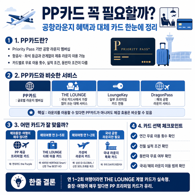 ✈️ PP카드 꼭 필요할까? 공항라운지 카드 추천부터 대체 카드까지 한 번에 정리