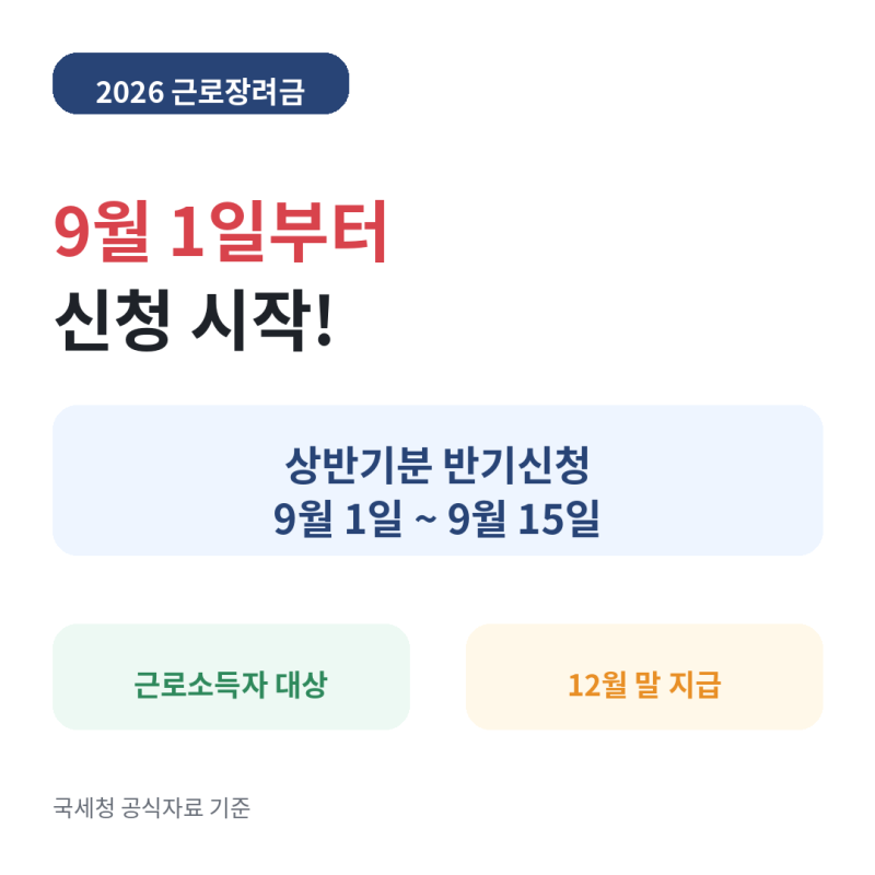 2026 근로장려금 9월 신청기간 대상 지급일 반기신청 방법 총정리