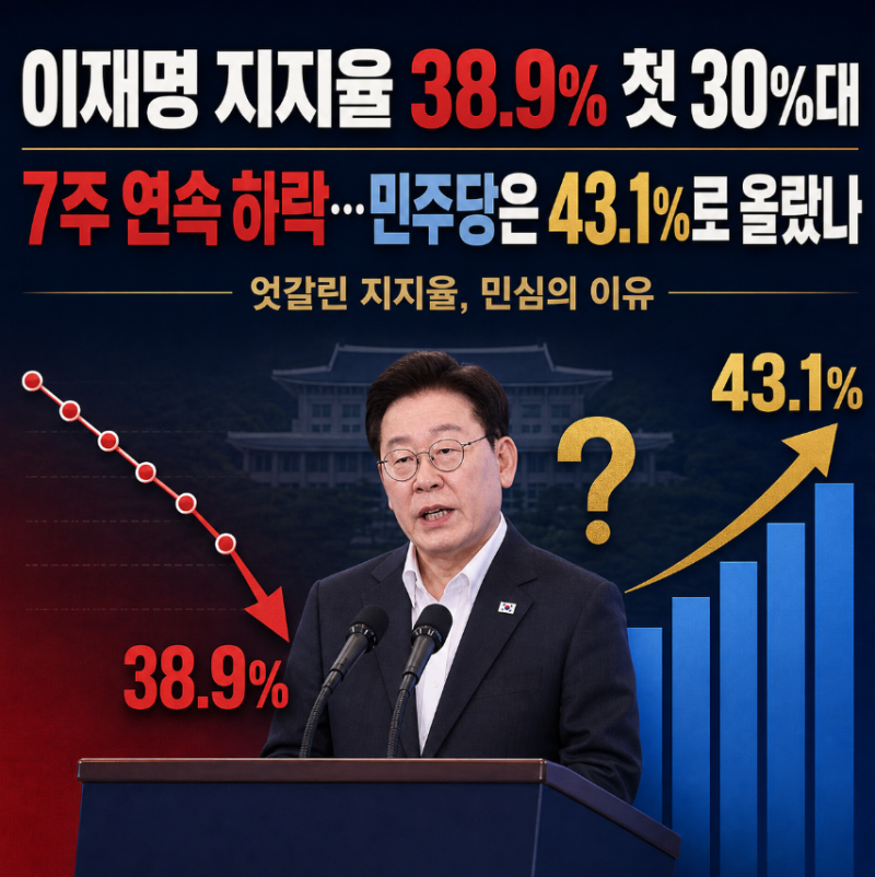 이재명 지지율 38.9% 첫 30%대…7주 연속 하락, 민주당은 왜 43.1%로 올랐나(리얼미터)