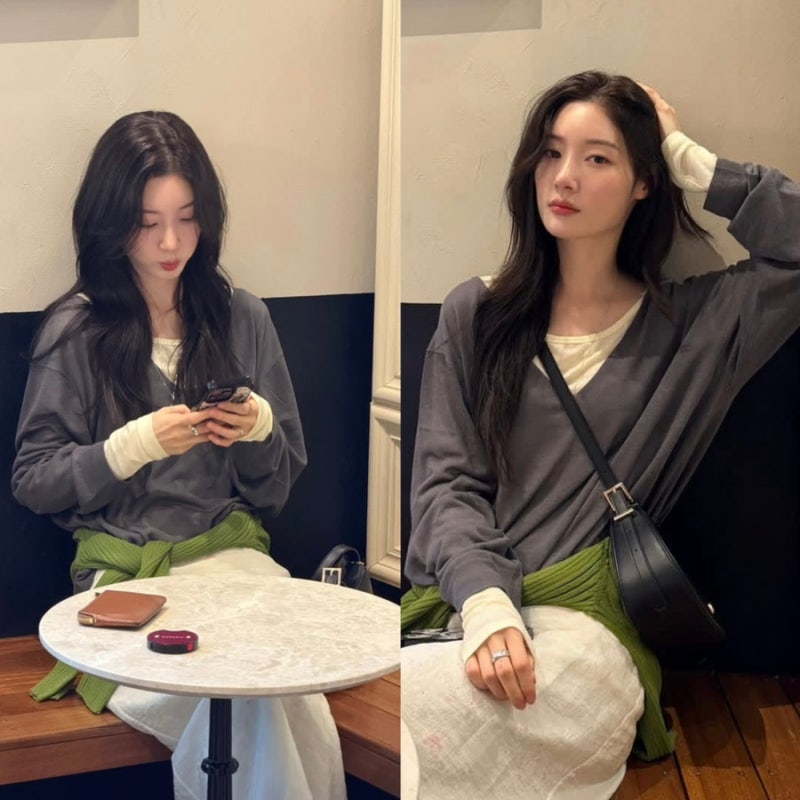 가을룩은 이렇게! 정채연 니트, 가방, 스커트, 운동화 코디 정보.