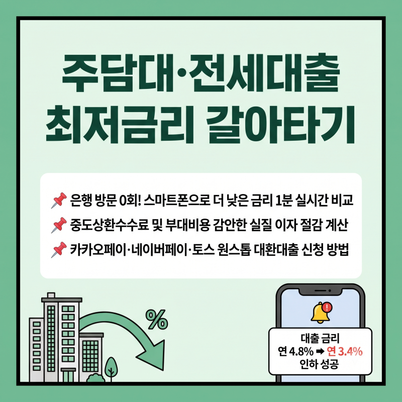 주택담보대출 전세대출 갈아타기 방법 및 온라인 대환대출 인프라 최저금리 이자 절약 총정....