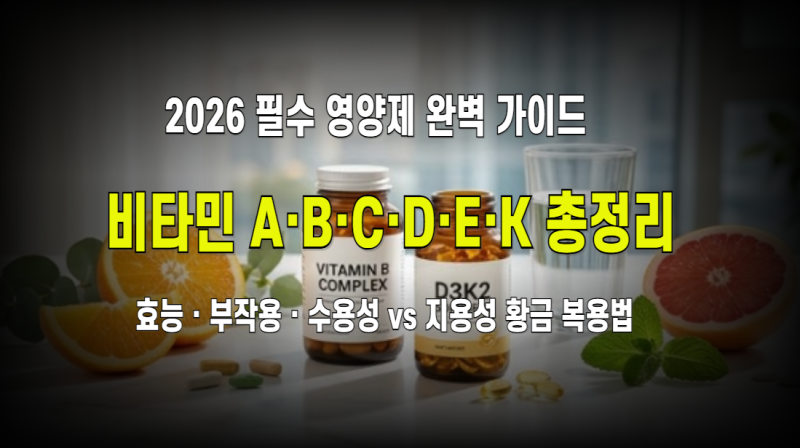 2026년 필수 비타민 총정리 : A·B·C·D·E·K 6대 성분별 핵심 효능·부작용·수용성 vs 지용성 황....