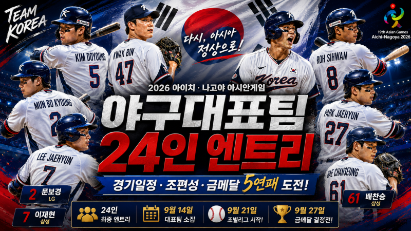 2026 아시안게임 야구대표팀 총정리｜24인 엔트리·경기일정·조편성, 금메달 5연패 도전