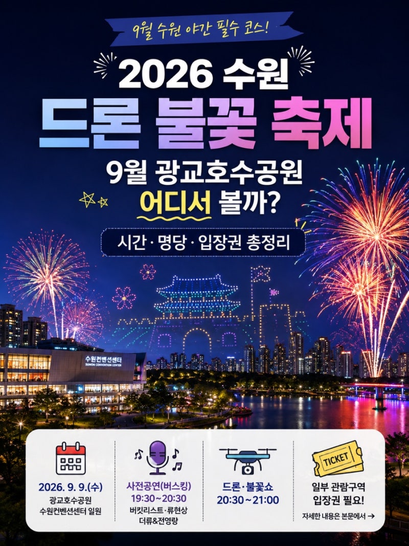 2026 수원 드론 불꽃 축제, 9월 광교호수공원 어디서 볼까? 시간·명당·입장권 총정리
