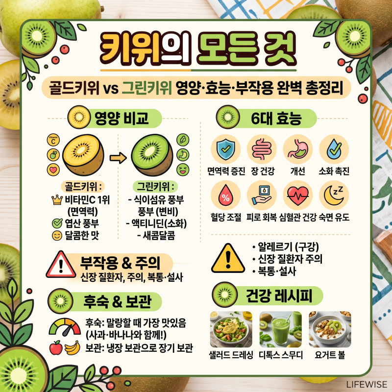 골드키위 그린키위 차이 완벽 정리! 영양성분 효능 부작용부터 후숙 보관법 레시피까지