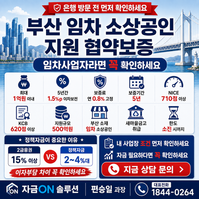 부산 임차 소상공인 대출, 2026 부산시 지원 정책자금 최대 1억원! 5년간 1.5%p 이차보전·보증료....