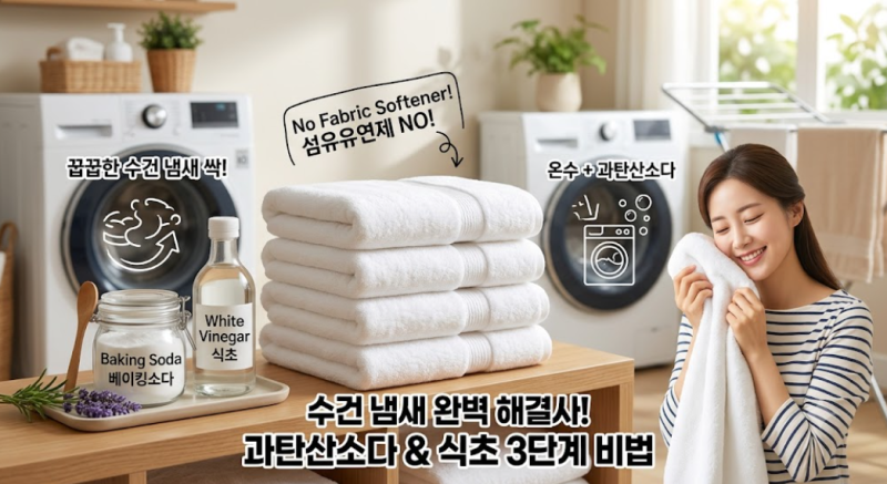 수건 꿉꿉한 냄새 제거법 베이킹소다 과탄산소다 세탁 꿀팁