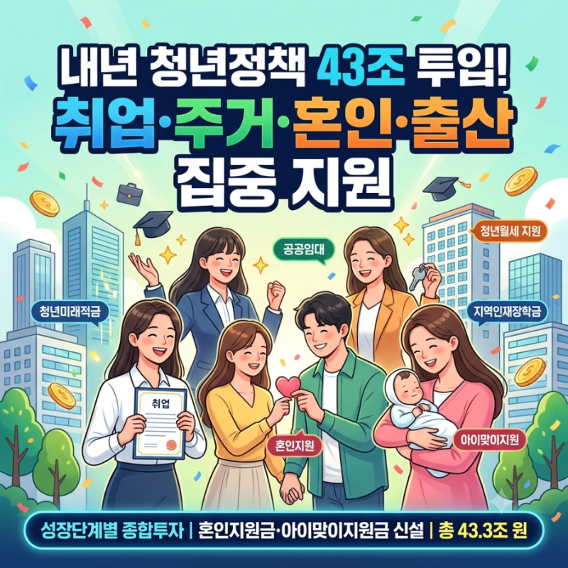 2027년 청년정책 예산 43조 총정리: 혼인지원금 100만원 아이맞이지원금 공공임대 청년미래적....