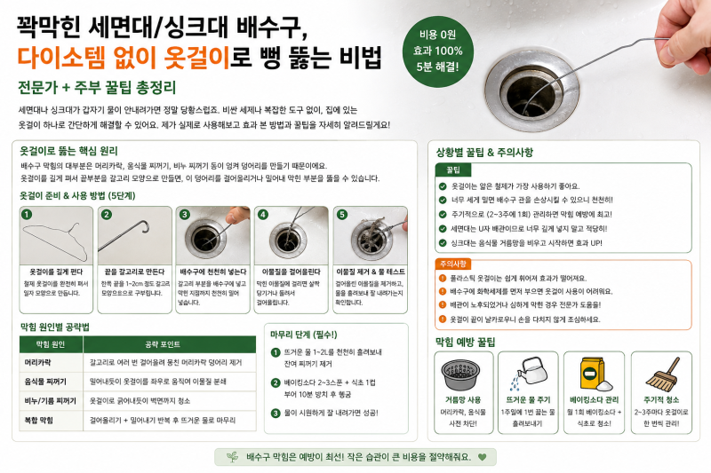 꽉 막힌 세면대/싱크대 배수구, 다이소템 없이 옷걸이로 뻥 뚫는 비법!! +@ 꿀팁까지 알려드리....