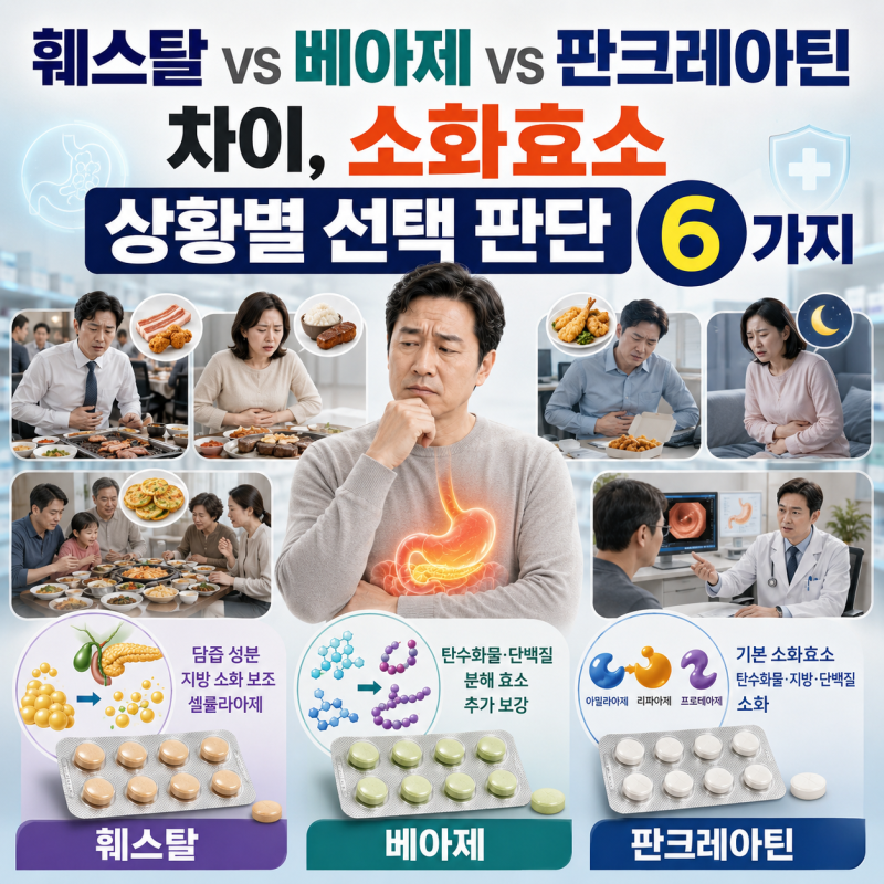 훼스탈 vs 베아제 vs 판크레아틴 차이, 소화효소 상황별 선택 판단 6가지