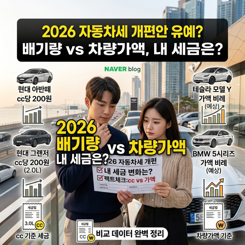 2026 자동차세 개편 현주소 총정리: 배기량 폐지 논란, 차량가액 도입 시 차종별 예상 세액