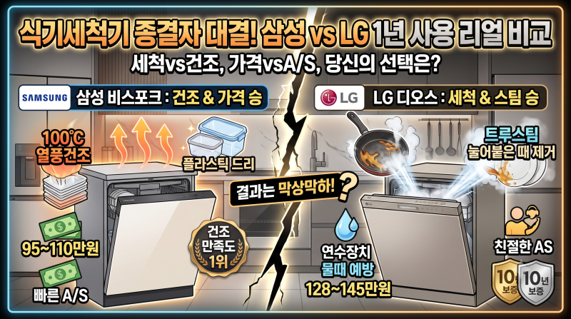 삼성 vs LG 식기세척기 비교, 14인용 실사용 후기로 본 승자는? (가격·건조·A/S 총정리)