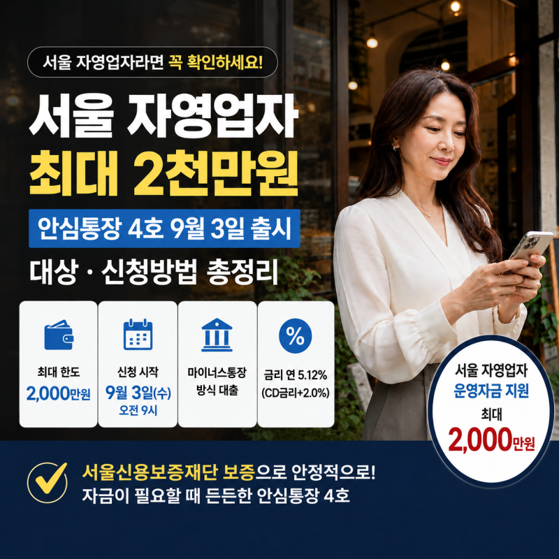 서울 자영업자 최대 2천만원｜안심통장 4호 9월 3일 출시·대상·신청방법 총정리