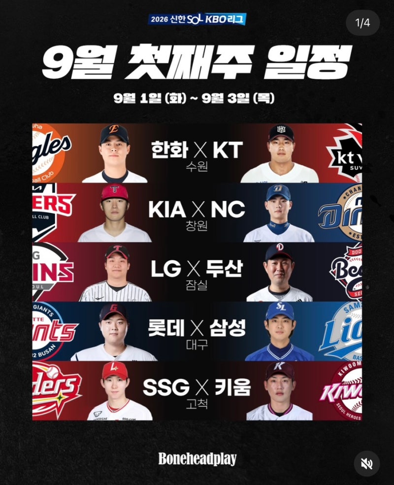 2026 프로야구 9월 첫째주 일정·중계 방송사 총정리! 9/1 선발투수 및 요동치는 순위표 분석 ⚾....
