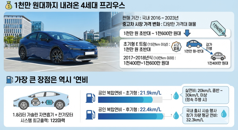 토요타 프리우스 중고차 가격 1천만 원대…연비 30km/L 가능할까?
