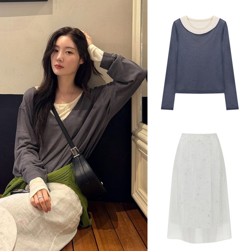 정채연 인스타그램 옷 패션 온앤온 니트 가디건 스커트 레이어드티셔츠 여자 가을 코디