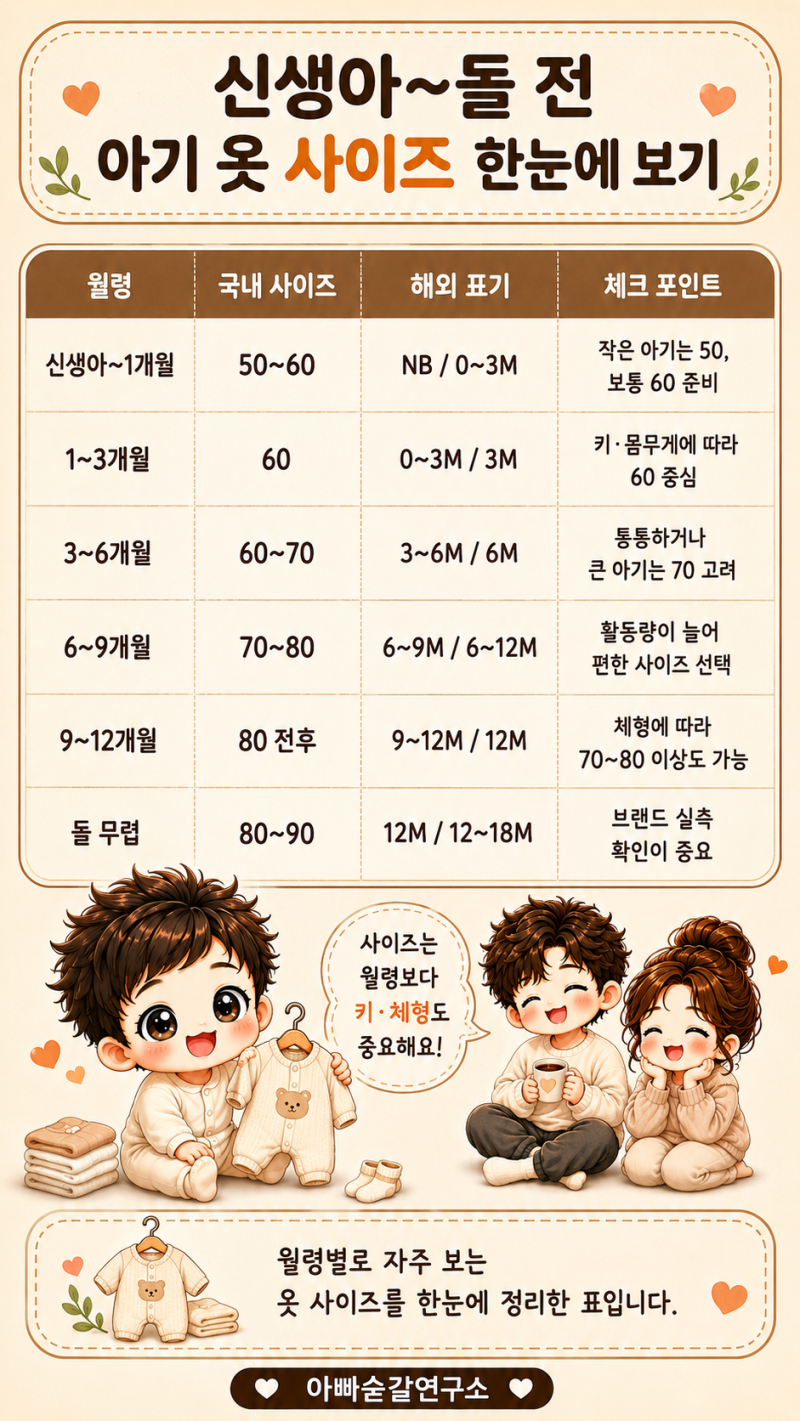 [육아 정보] 아기 옷 사이즈 총정리｜신생아부터 돌 전까지 월령별 옷 크기