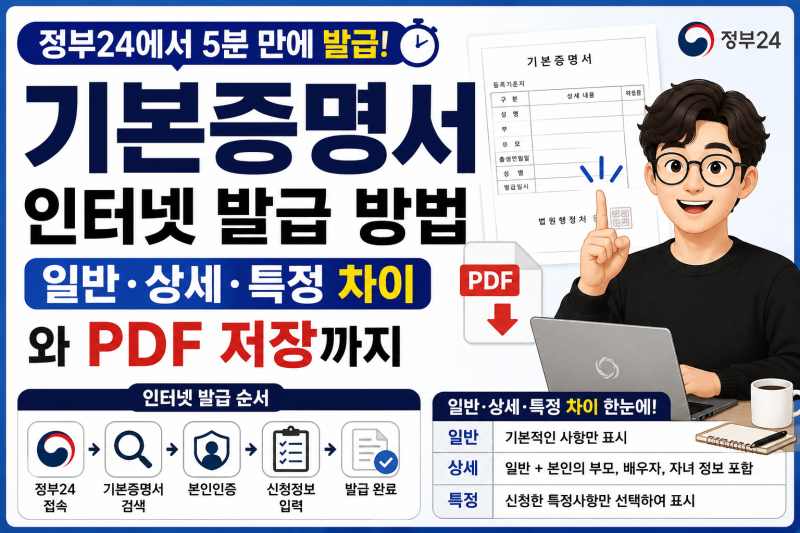 기본증명서 인터넷 발급 방법, 일반·상세·특정 차이와 PDF 저장까지