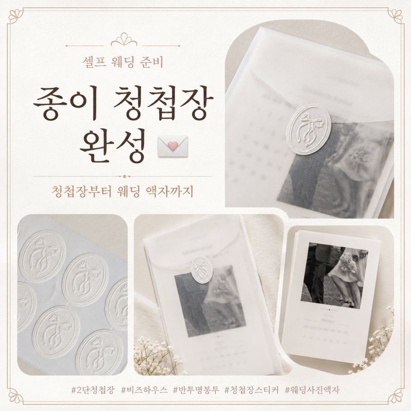 비즈하우스 셀프 청첩장 완성｜2단 청첩장, 반투명 봉투, 형압 스티커