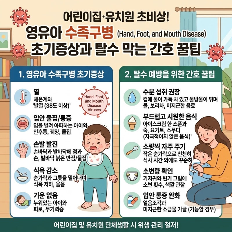 어린이집·유치원 초비상! 영유아 수족구병 초기증상과 탈수 막는 간호 꿀팁 총정리