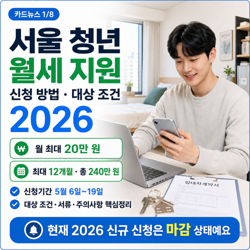 서울 청년 월세 지원 신청 방법, 대상 조건 2026｜월 20만원 최대 240만원 자격 총정리
