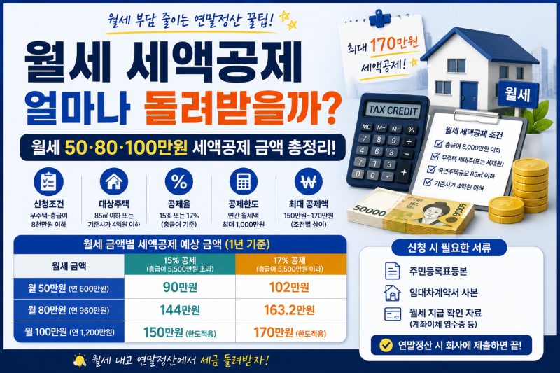 월세 세액공제 얼마나 돌려받을까?｜월 50·80·100만원 환급액·조건 총정리