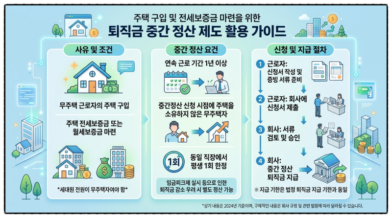 주택 구입 자금이나 전세보증금이 부족할 때 퇴직금 중간 정산 제도를 활용해 보자. 사유 및 ....
