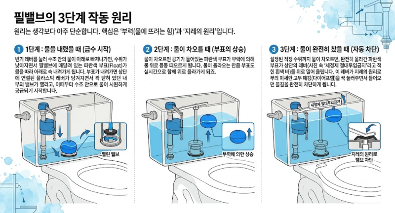 변기 물은 어떻게 자동으로 멈출까? 양변기 필밸브(볼탑) 작동 원리 완벽 이해하기