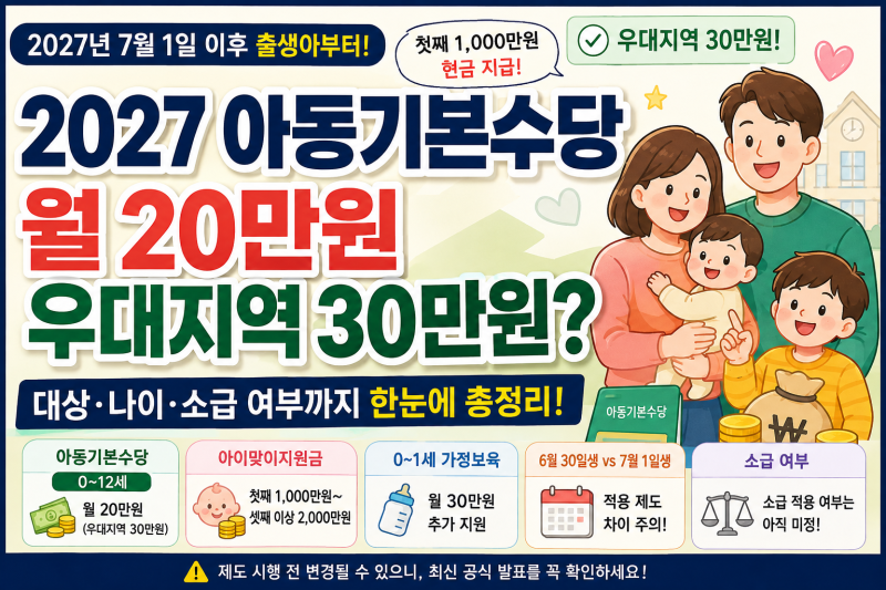 2027 아동기본수당 월 20만원｜우대지역 30만원? 대상·나이·소급 총정리
