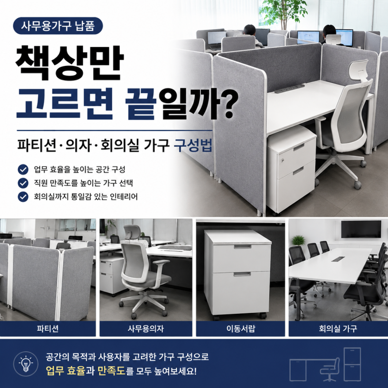 사무용가구 납품, 책상만 고르면 끝일까? 파티션·의자·회의실 가구 구성법