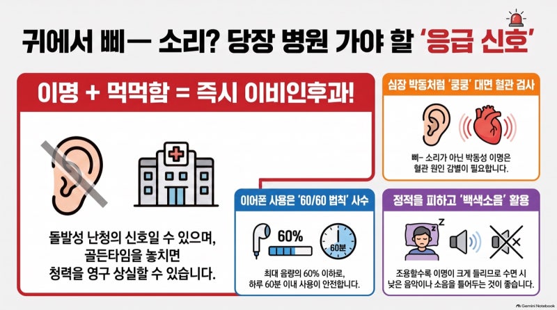 귀에서 삐— 소리, 병원 가야 할 이명 구별법 — 이 경우는 응급입니다