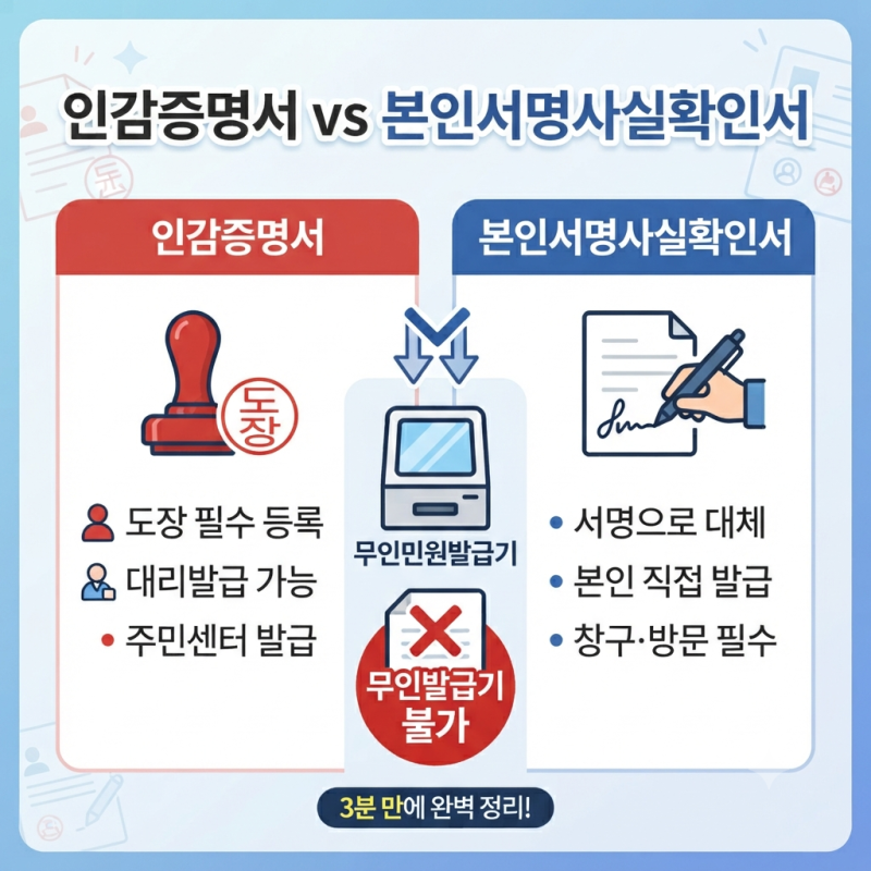 인감증명서 본인서명사실확인서 차이점, 무인발급기 발급 방법 총정리 (효력·수수료)