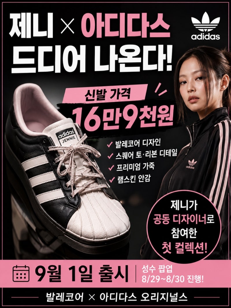 제니 아디다스 콜라보 신발 가격 16만9천원｜성수 팝업·저지·발레코어 9월 1일 출시