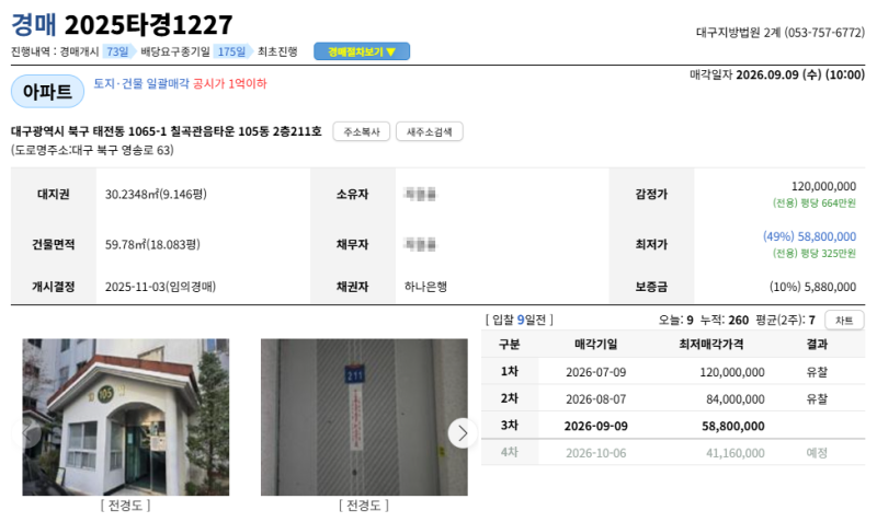 대구 북구 칠곡관음타운 아파트 경매, 2회 유찰 5,880만원부터! 2025타경1227 사진 3