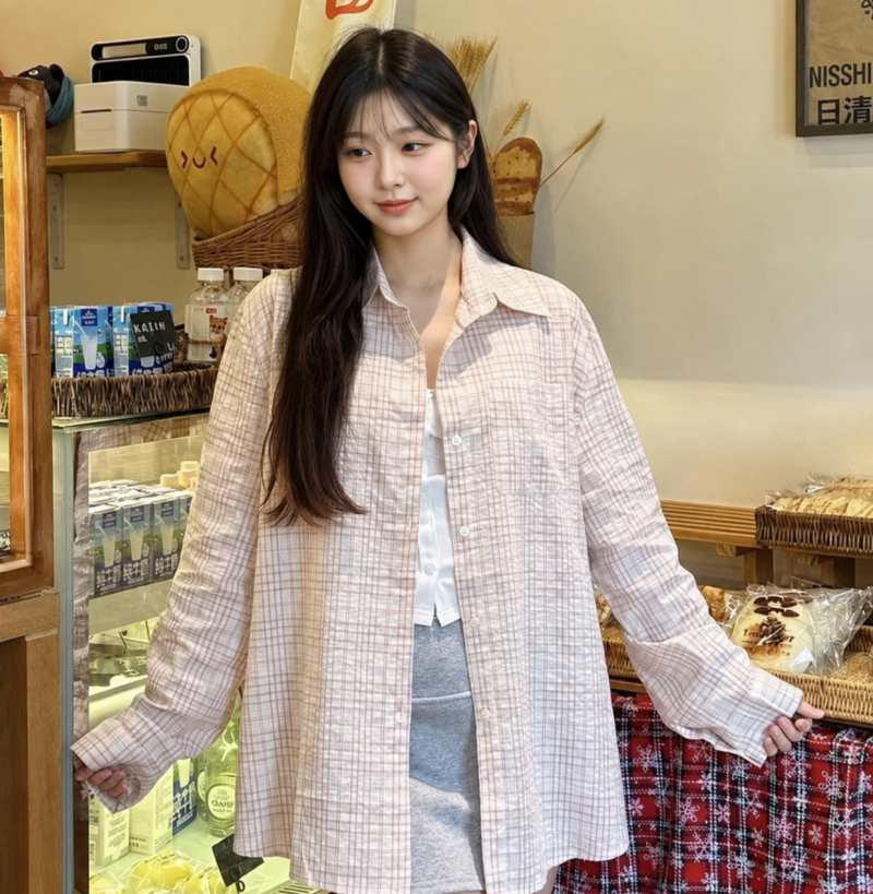 셔츠여성 핑크 체크 셔츠 코디, 루즈핏 긴팔을 담백하게 입는 법