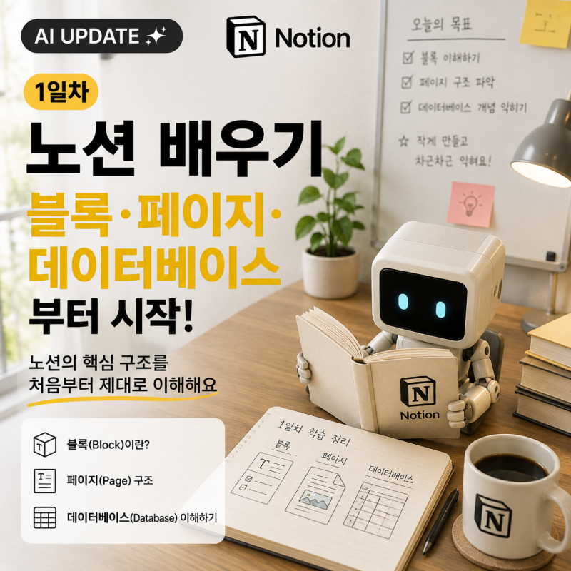노션 배우기 1일차, 블록·페이지·데이터베이스부터 공부했습니다