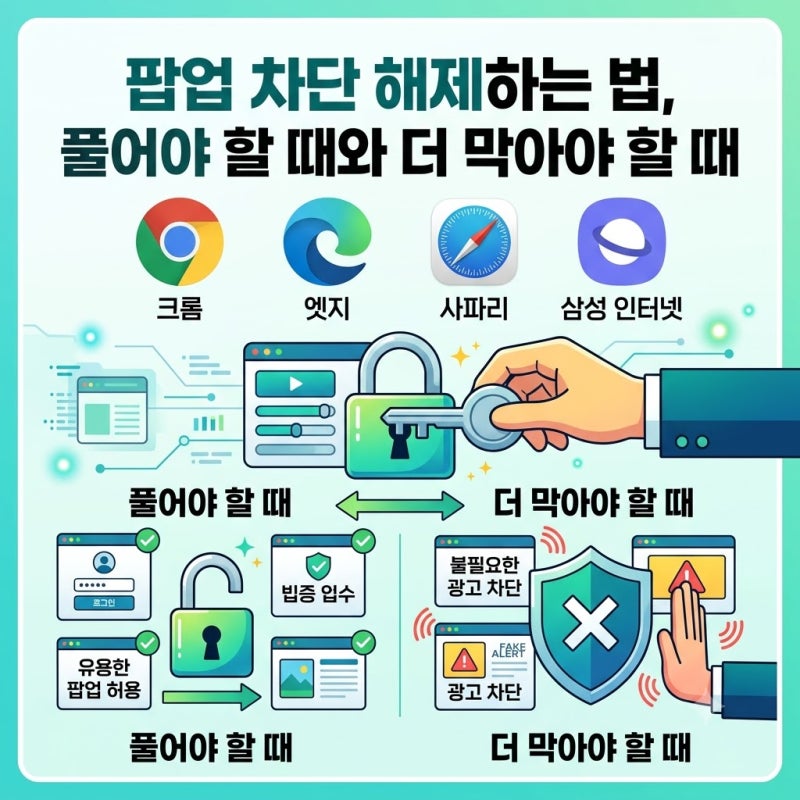 팝업 차단 해제하는 법, 풀어야 할 때와 더 막아야 할 때 (크롬·엣지·사파리·삼성인터넷)