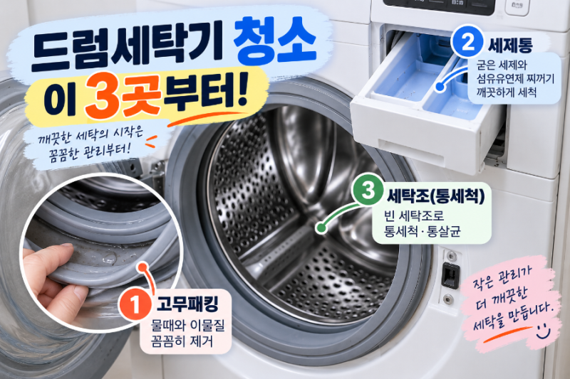 드럼세탁기 청소 방법, 고무패킹·세제통·통세척 순서