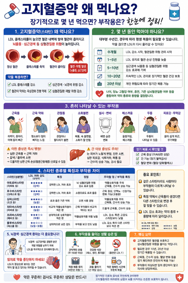 고지혈증약 왜 먹나요? 장기적 몇년 섭취하면?부작용 흔한 증상은?