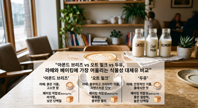 "아몬드 브리즈 vs 오트 밀크 vs 두유, 라떼와 베이킹에 가장 어울리는 식물성 대체유 비교"